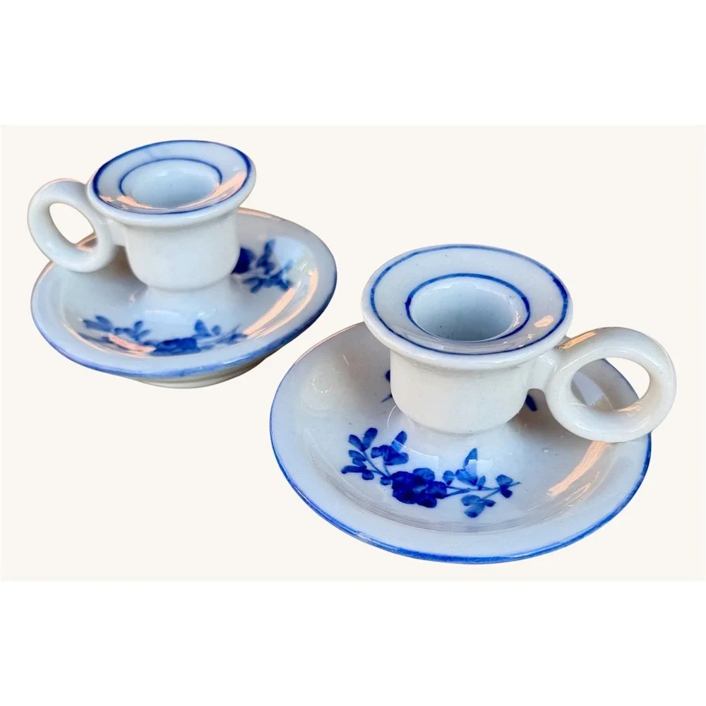 Vintage Blue and White Chamberstick Candle Holder Set Hand Painted Florals